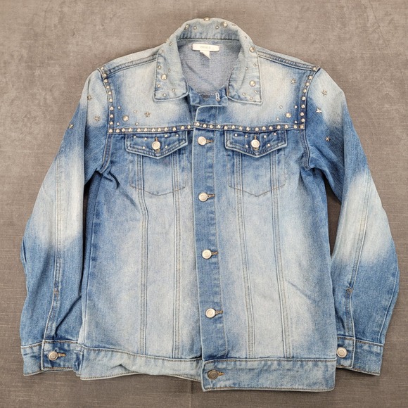 Denim Jacket Y2K Studded Star Biker Forever 21 Western Jean Jacket‎ Sz Small - Picture 1 of 10